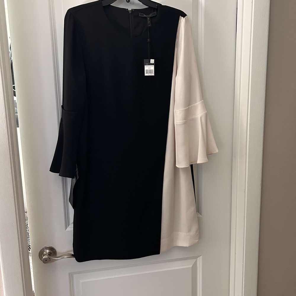 BCBGMaxAzria Black and Cream Cocktail Sheath Dress with 3/4 Bell Sleeves